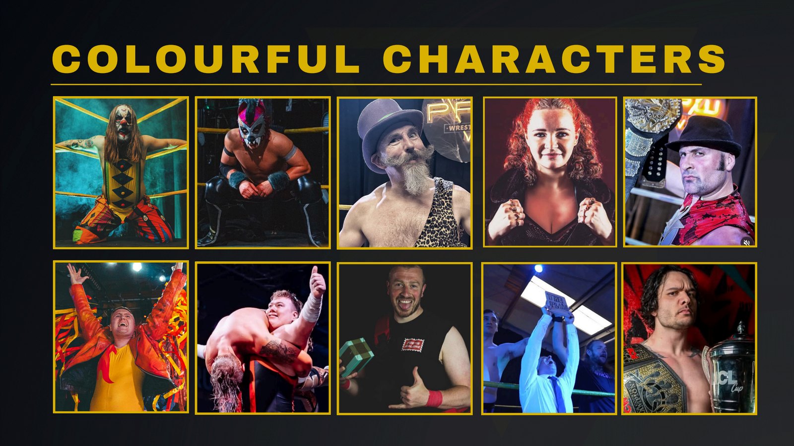 Presentation page introducing the colourful characters of Pursuit Pro Wrestling